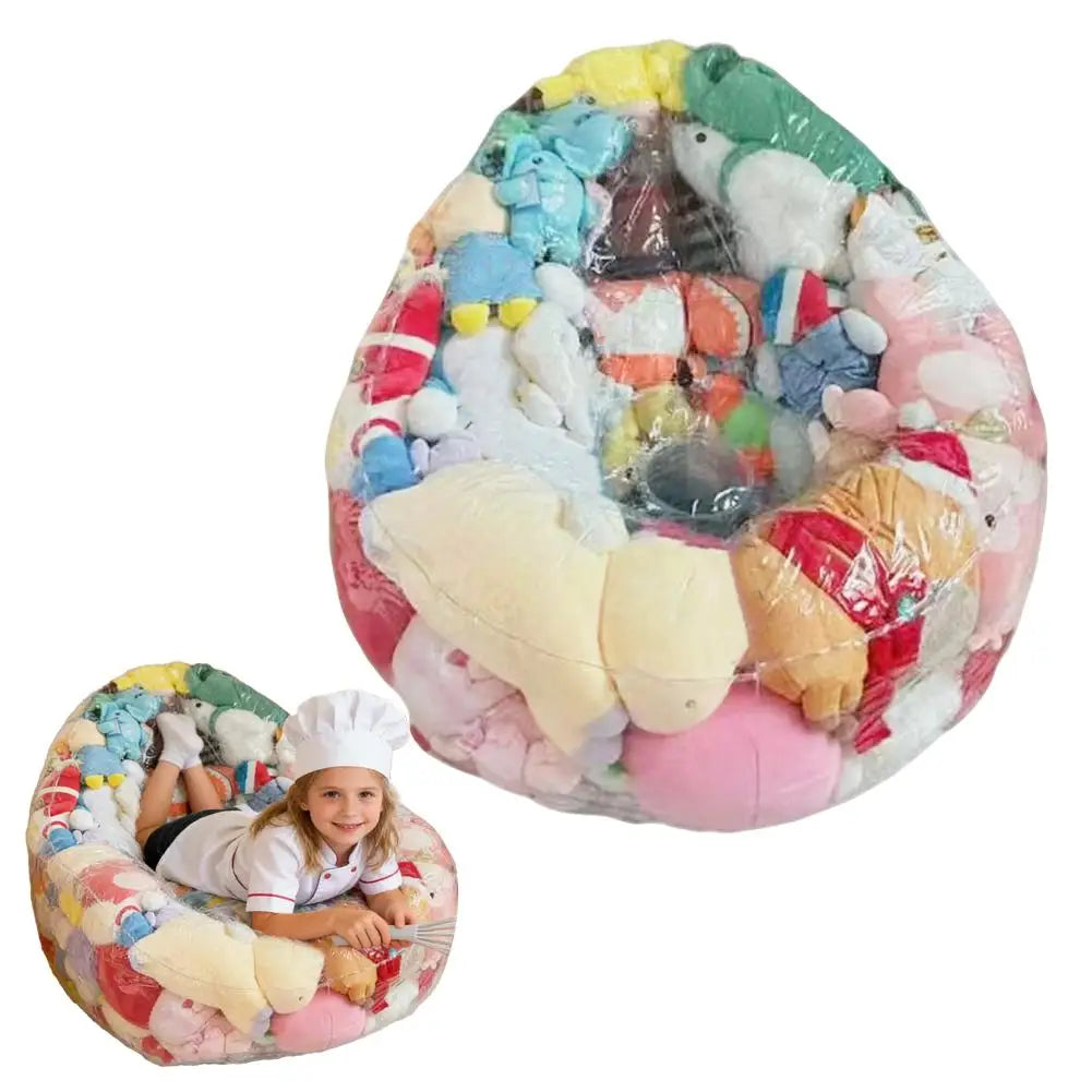 A large, colorful inflatable storage bag filled with various plush toys and stuffed animals.
