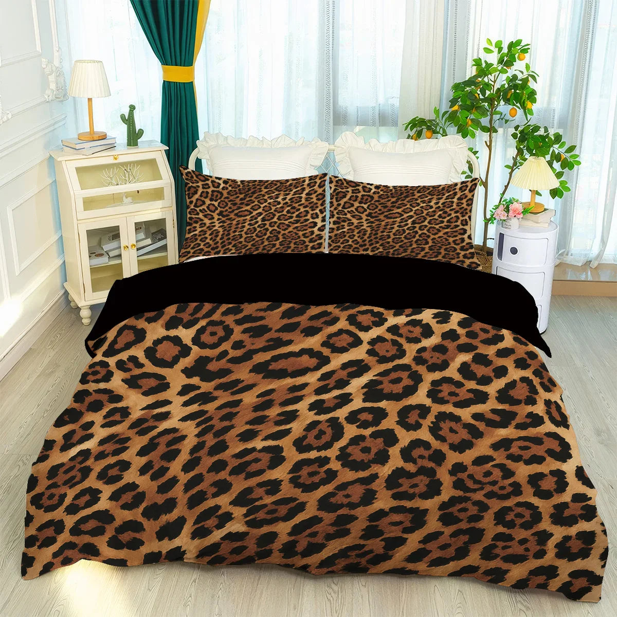 Leopard print duvet cover set featuring a brown and black animal print on the bedding.