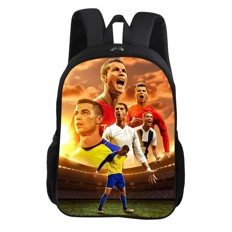 A black backpack featuring a large graphic of several football players celebrating on a field.