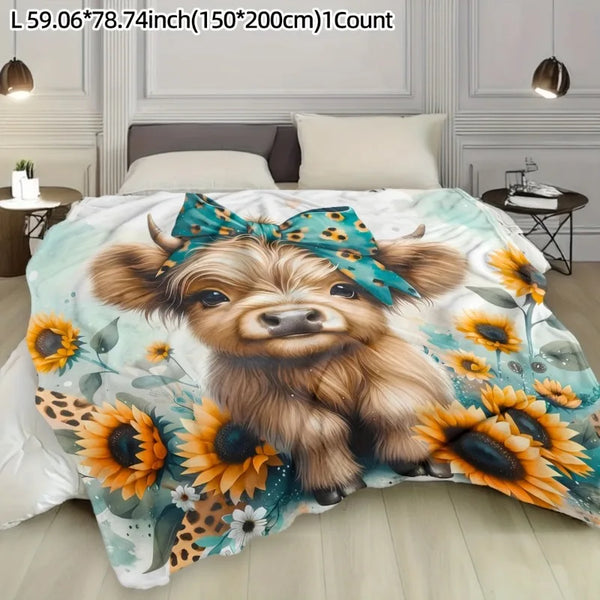 A fluffy brown dog wearing a blue floral bow is featured on a light green flannel blanket with sunflowers and foliage.