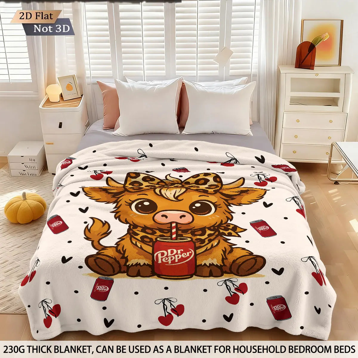 A beige flannel blanket featuring a cartoon Highland cow print with a red pepper can design.