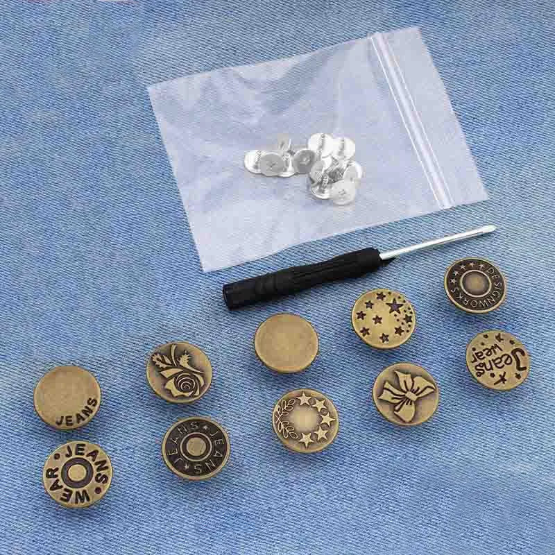 A collection of silver metal button pins is displayed on a translucent white bag.