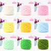 A grid showing nine colors of chunky velvet knitting yarn including cream, pink, yellow, golden, blue, and green.
