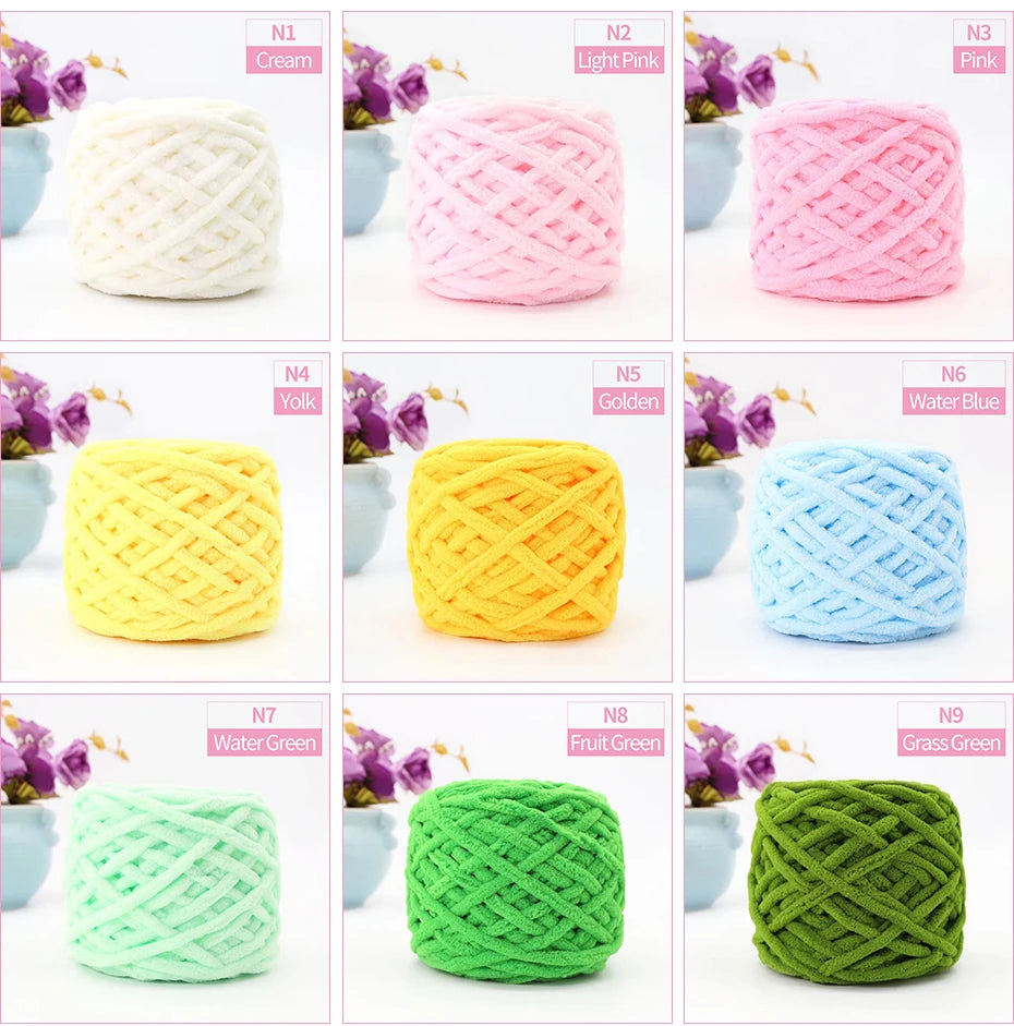 A grid showing nine colors of chunky velvet knitting yarn including cream, pink, yellow, golden, blue, and green.