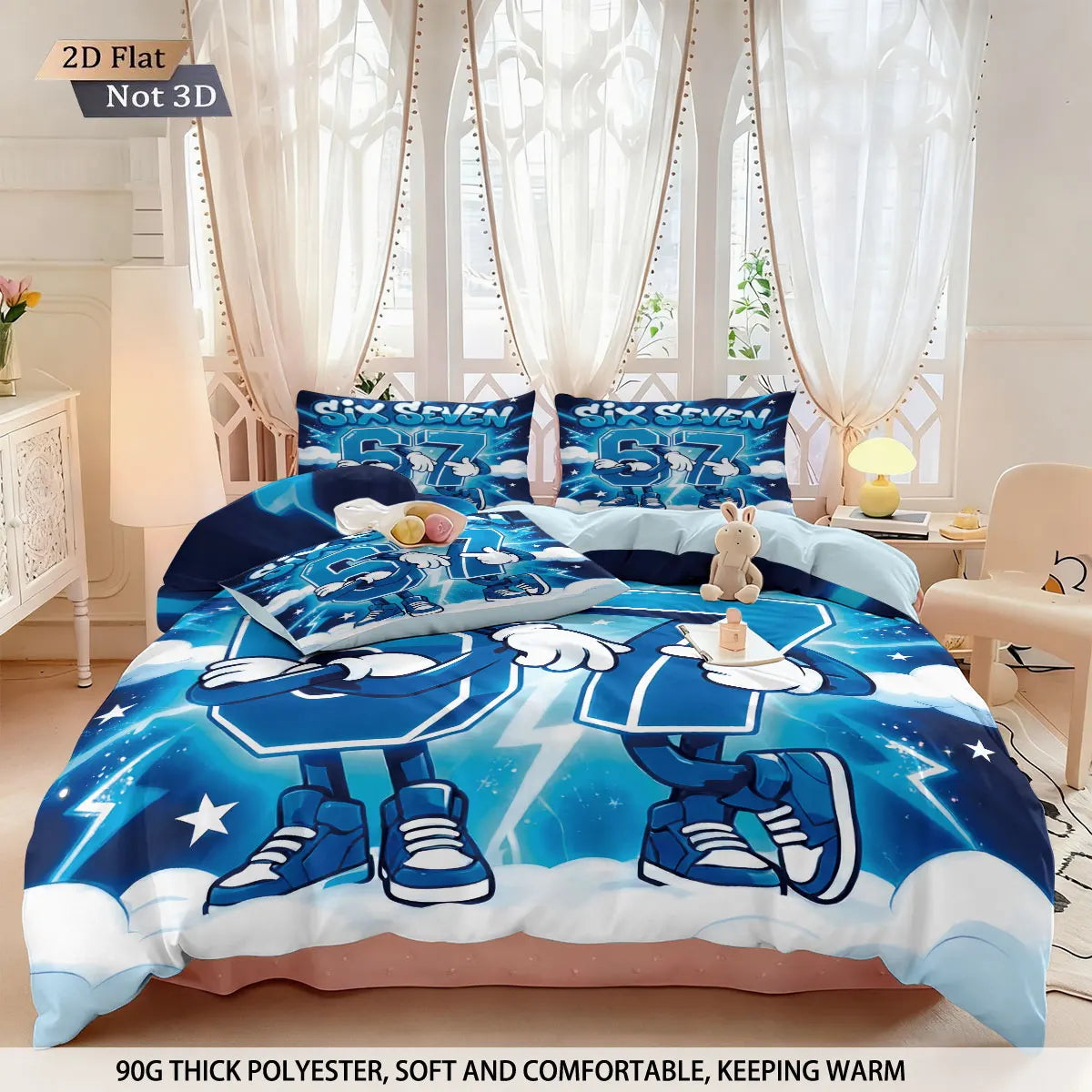 A set of three funny printed duvet covers featuring blue and white superhero-themed designs displayed on a bed.