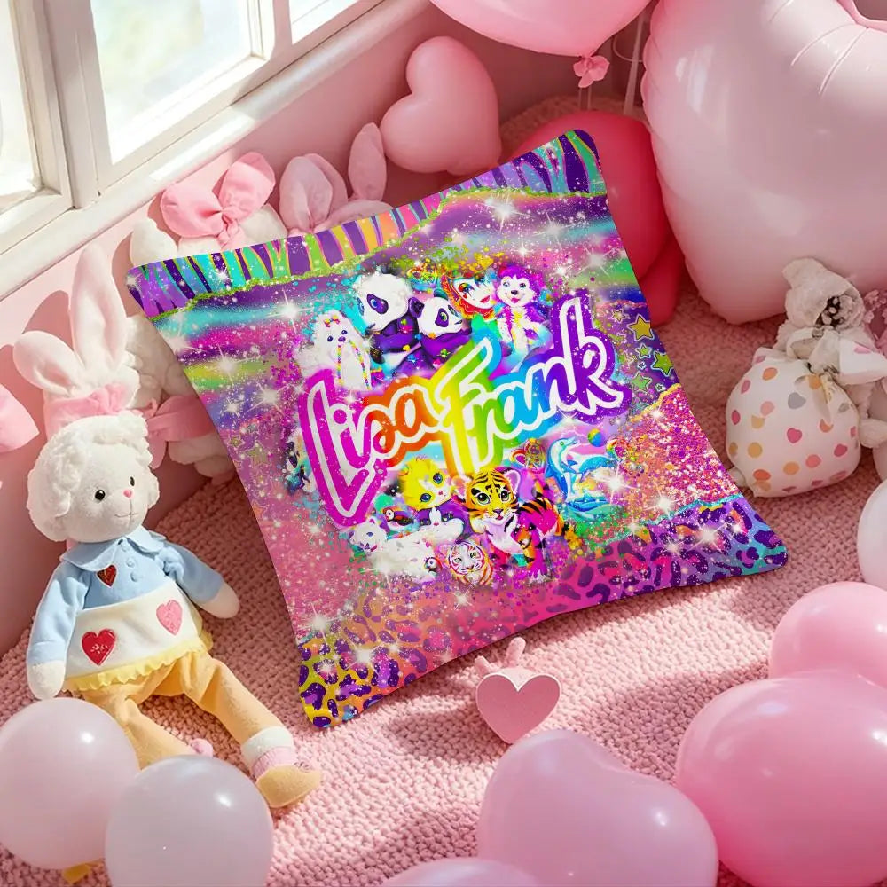 A square pillow cover featuring a vibrant pink and purple design with glittery stars and characters