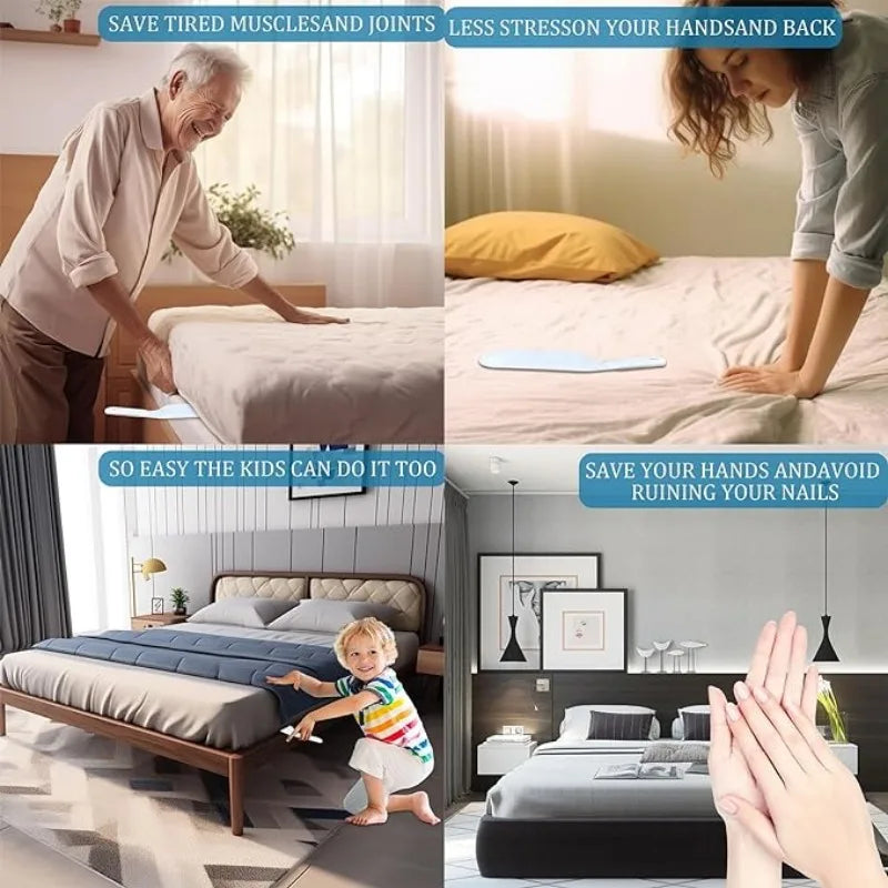 A person is shown using a bed sheet folding and organizing tool to neatly fold bedding on a bed.