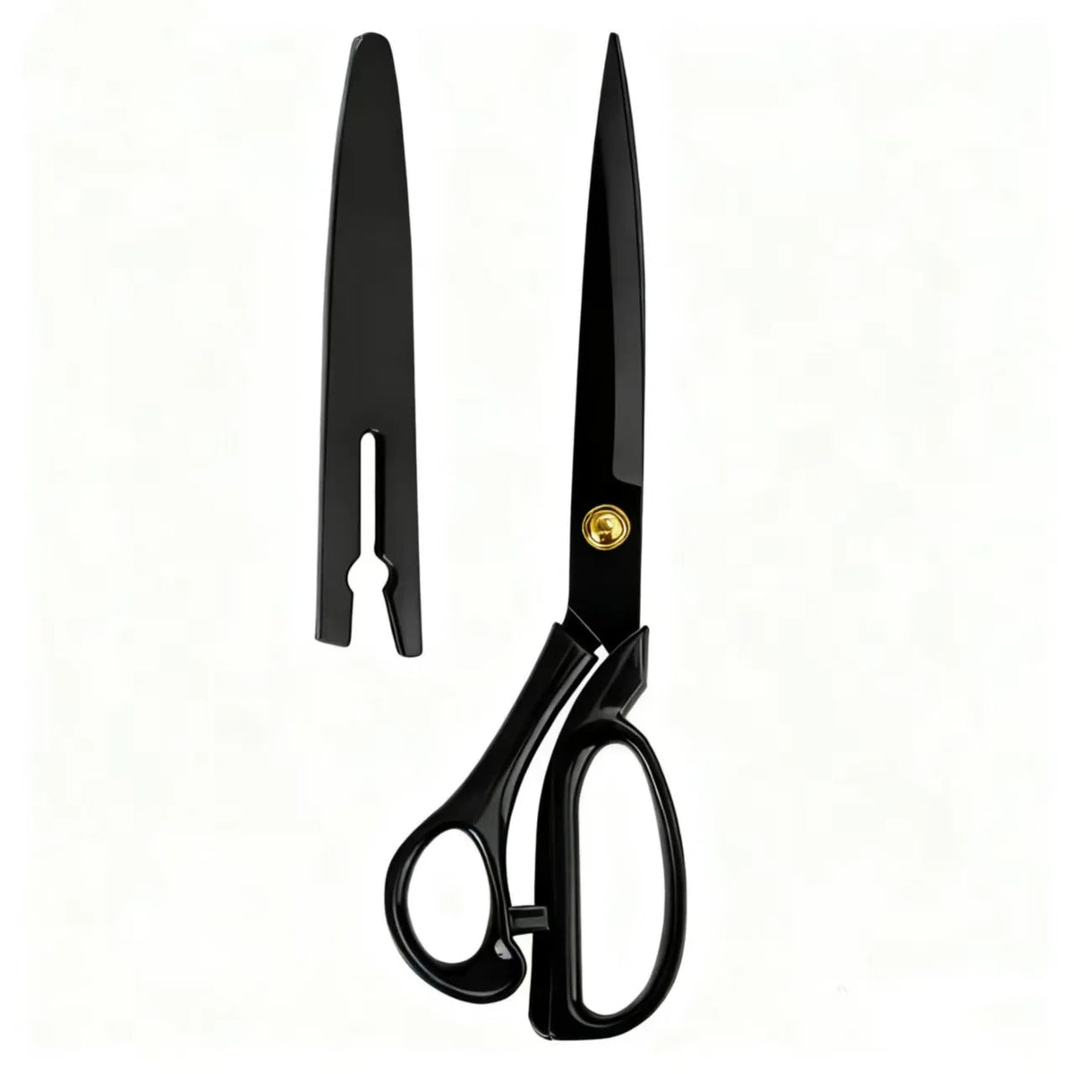 A pair of black heavy-duty tailor scissors with an ergonomic handle shown against a white background.
