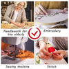 A collage showing elderly people using needlework, embroidery, sewing machines, and stitching techniques.