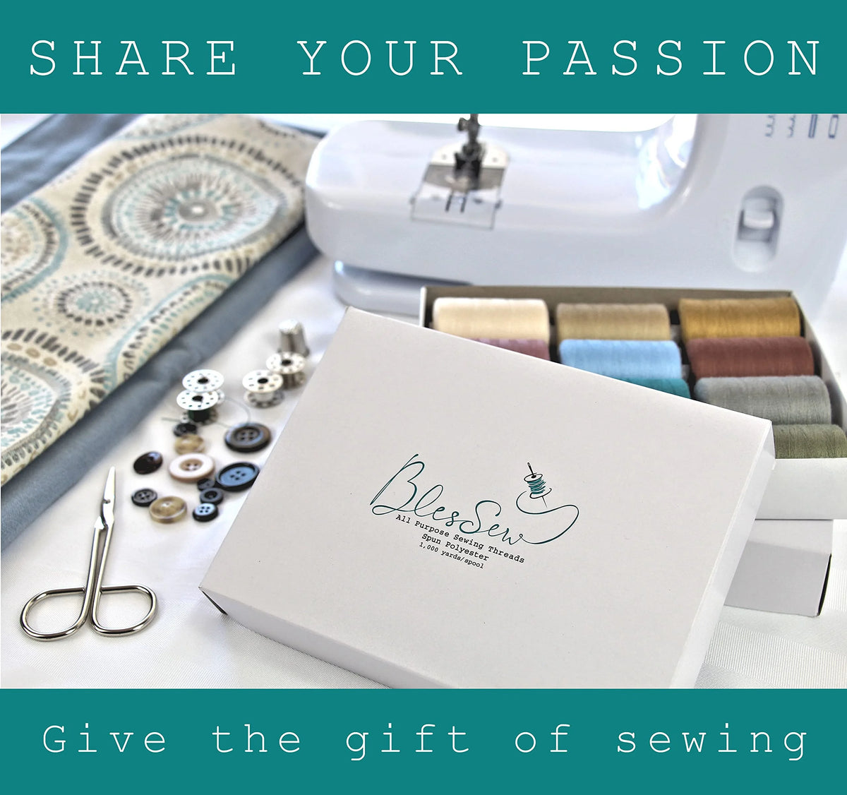 A white sewing machine and a box of 42-color polyester thread spools are displayed with scissors.