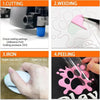 Four steps showing the process of cutting, weeding, ironing, and peeling a pink heat transfer vinyl sheet.
