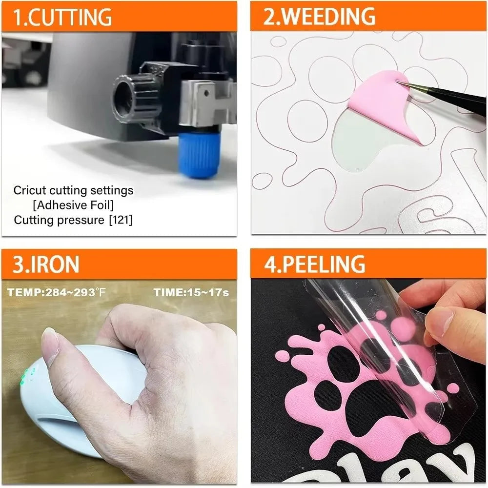 Four steps showing the process of cutting, weeding, ironing, and peeling a pink heat transfer vinyl sheet.