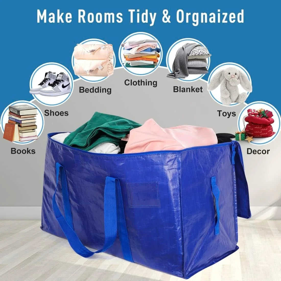 A blue heavy duty extra large storage tote filled with various household items like clothing, books, shoes, blankets, toys, a
