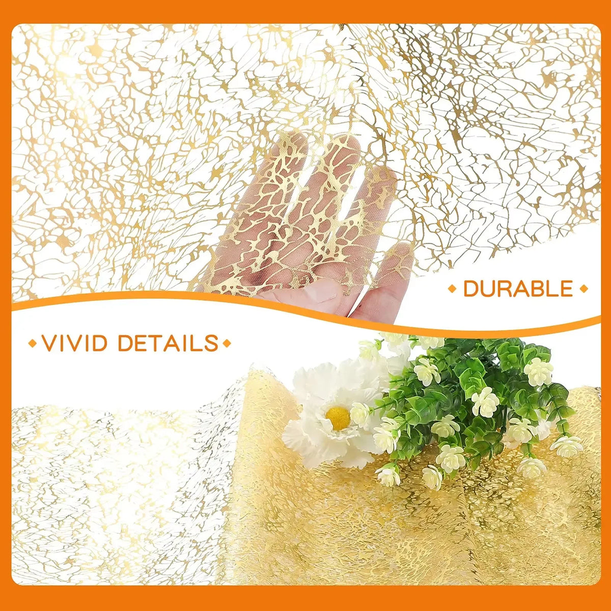 Metallic gold table runner with floral accents and sparkling texture.
