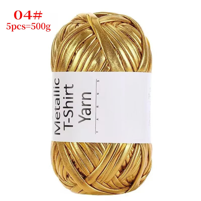 A skein of metallic gold T-shirt yarn for crochet and DIY crafts.