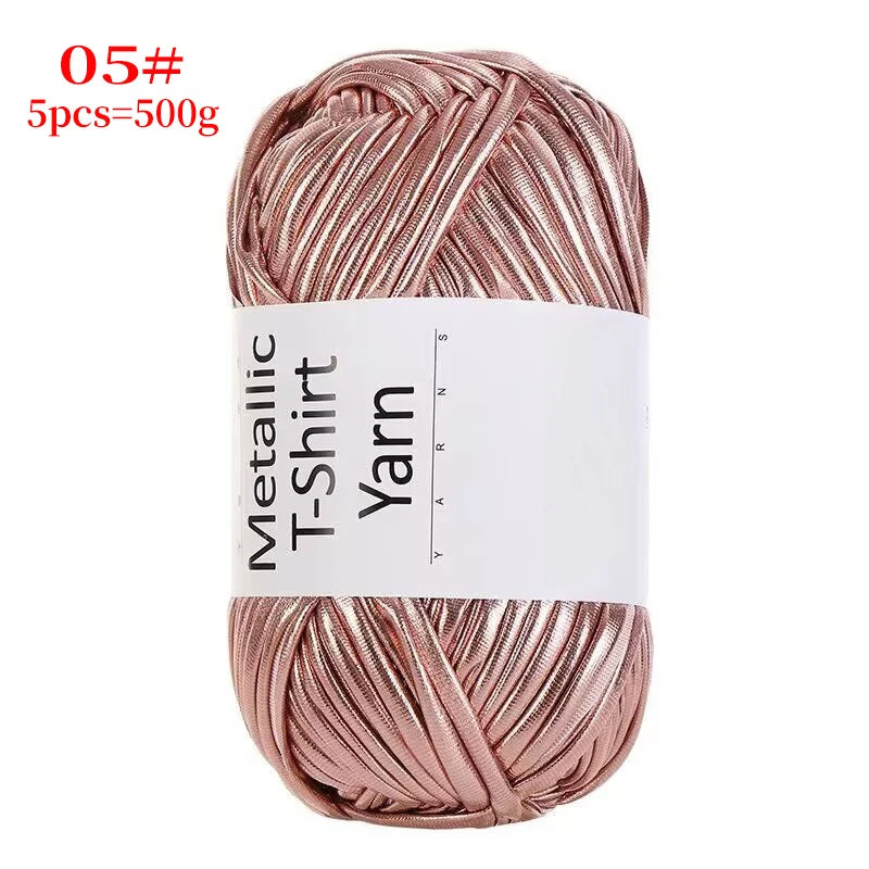 Spool of metallic rose gold T-shirt yarn for crochet and DIY crafts