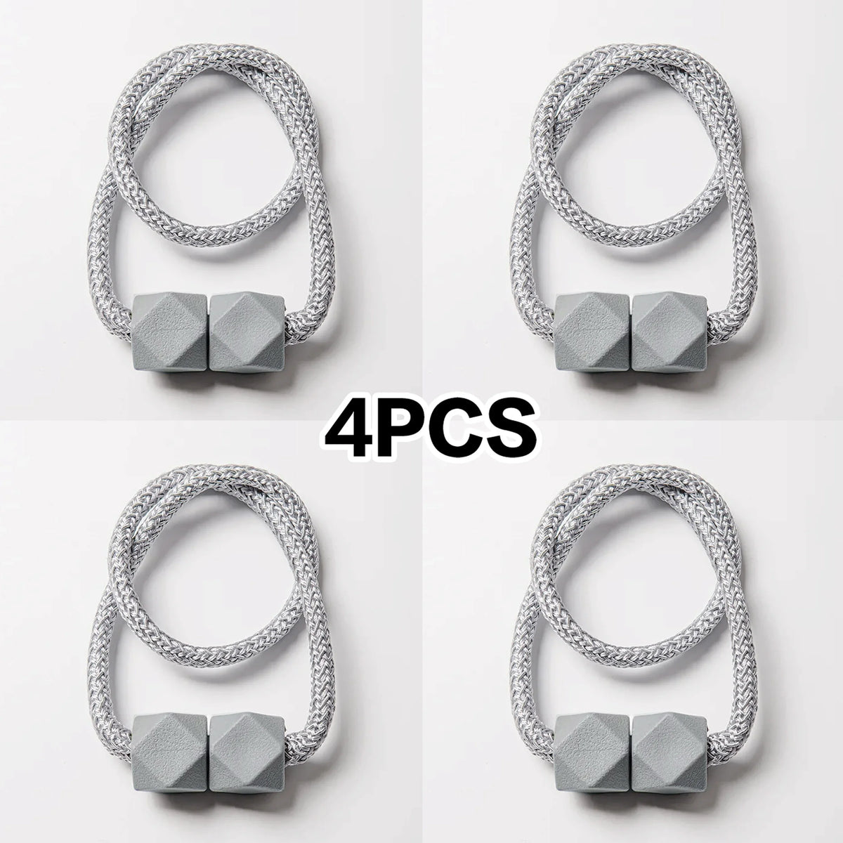 Four silver magnetic curtain tiebacks shown in various angles