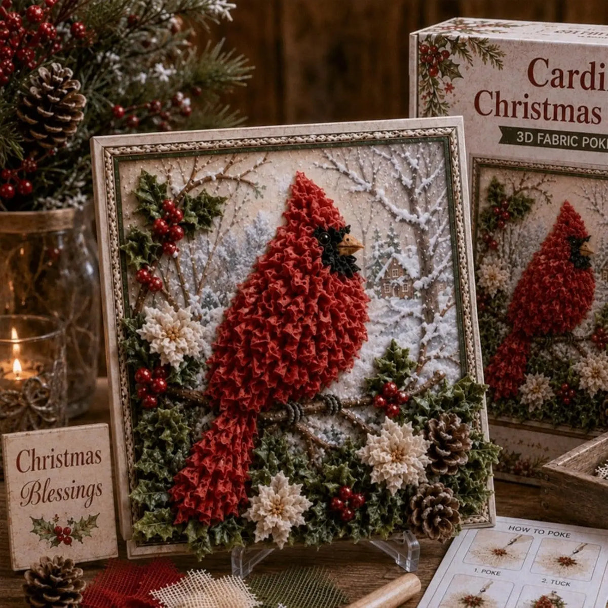 A framed piece of vintage Christmas fabric art featuring a red bird surrounded by green foliage and white snow.
