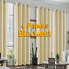 Four panels of beige blackout curtains hanging in a window with sheer blinds and indoor plants.