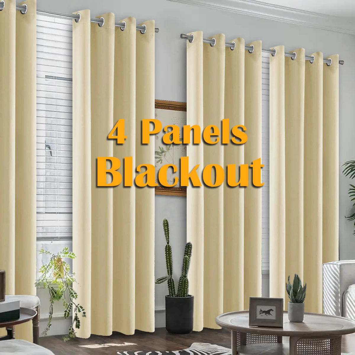 Four panels of beige blackout curtains hanging in a window with sheer blinds and indoor plants.