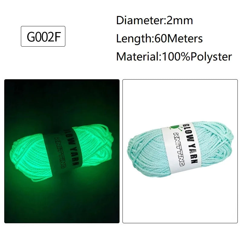 A spool of bright green glow-in-the-dark polyester yarn labeled G002F for knitting and crochet.