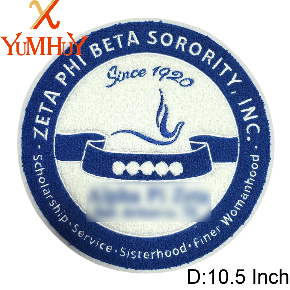 A round blue and white patch featuring the text Zeta Phi Beta Sorority, Inc. and related service information.