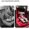 A red baby car seat with a head support pillow shown in two views, emphasizing safety features.