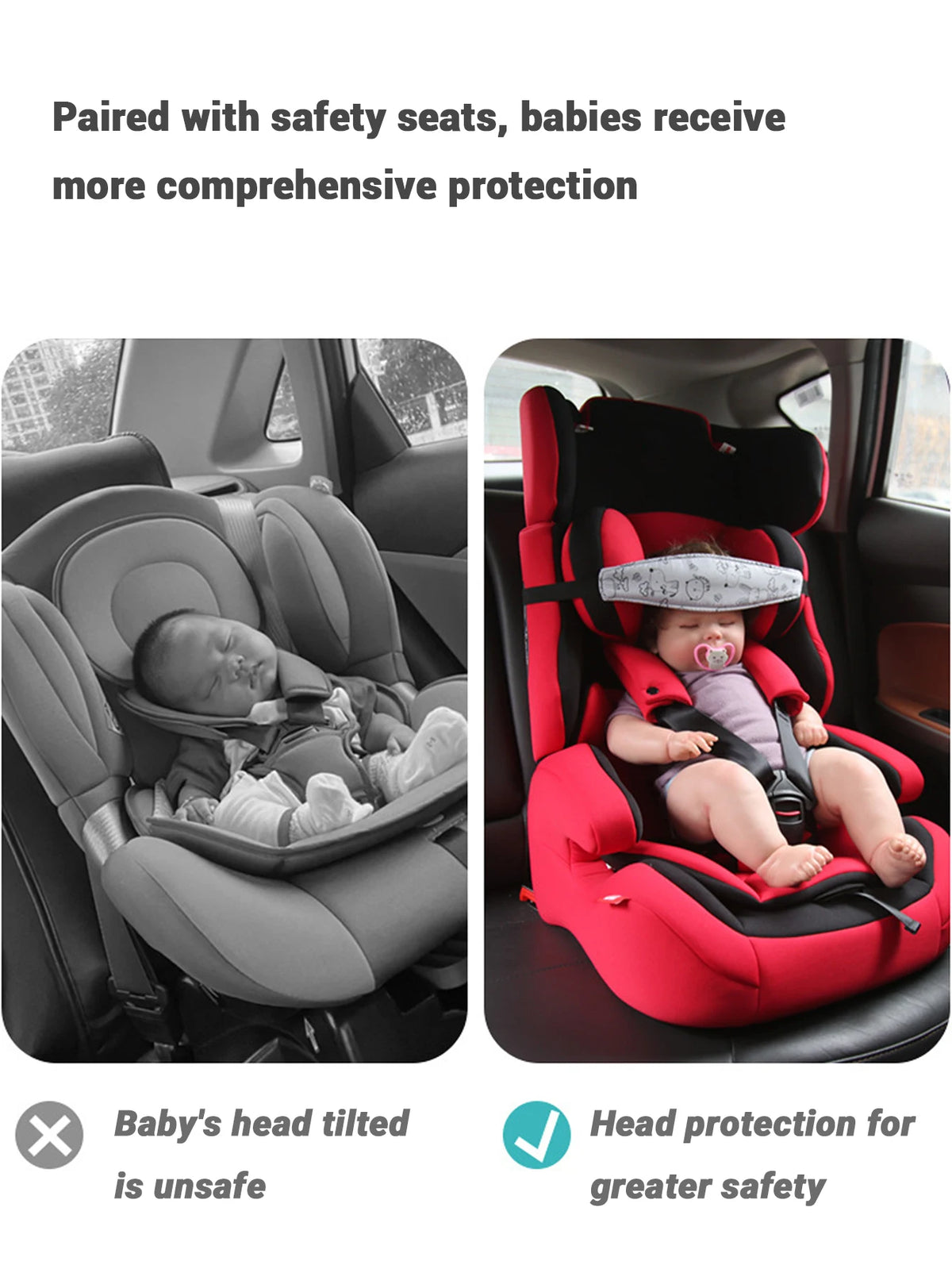A red baby car seat with a head support pillow shown in two views, emphasizing safety features.