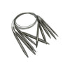 A set of stainless steel circular knitting needles with a thin wire loop.