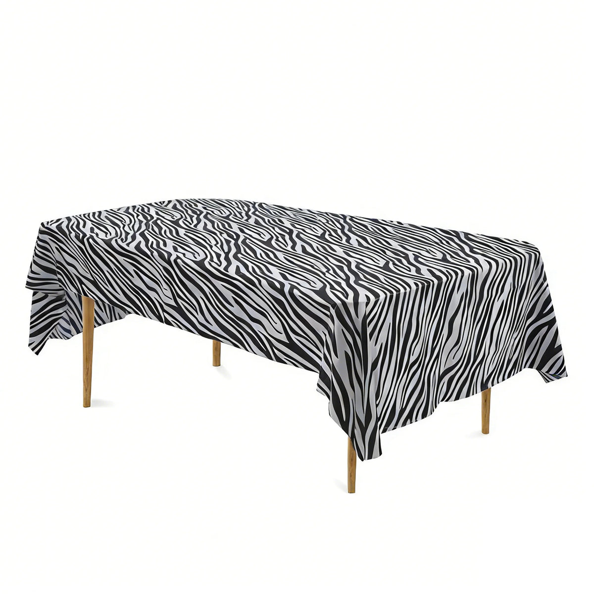 Black and white zebra print disposable plastic tablecloth spread on a table.