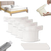 A set of heavy duty bed sheet corner tightener clips in a beige color shown next to a bed and a hand applying the clip.