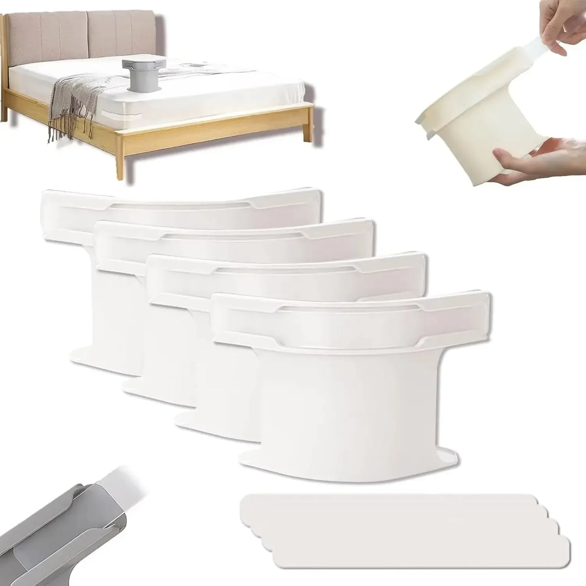 A set of heavy duty bed sheet corner tightener clips in a beige color shown next to a bed and a hand applying the clip.