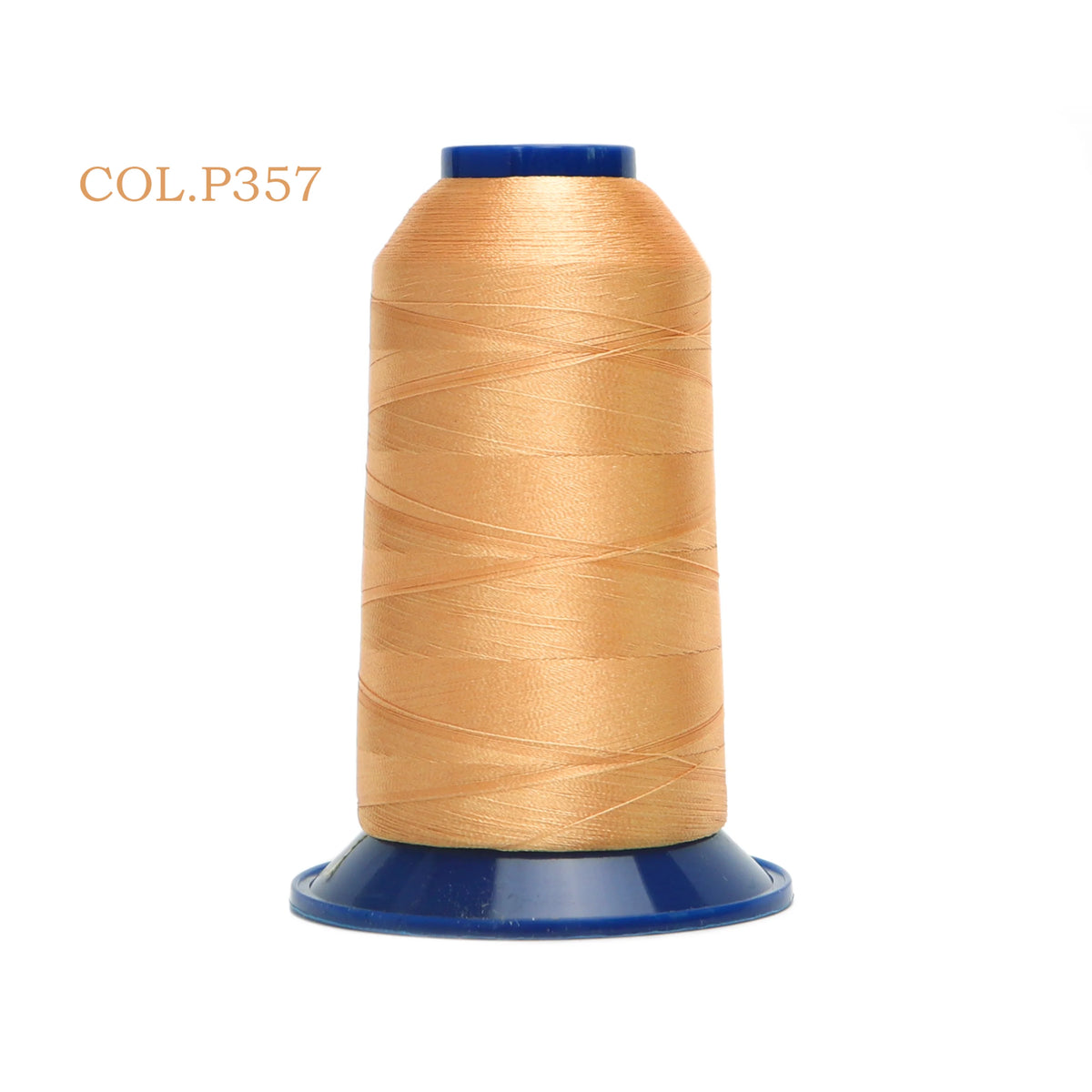 A spool of gold-colored high tenacity polyester embroidery thread with a blue cap.