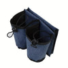 A dark blue fabric cup holder with black elastic loops is shown folded.