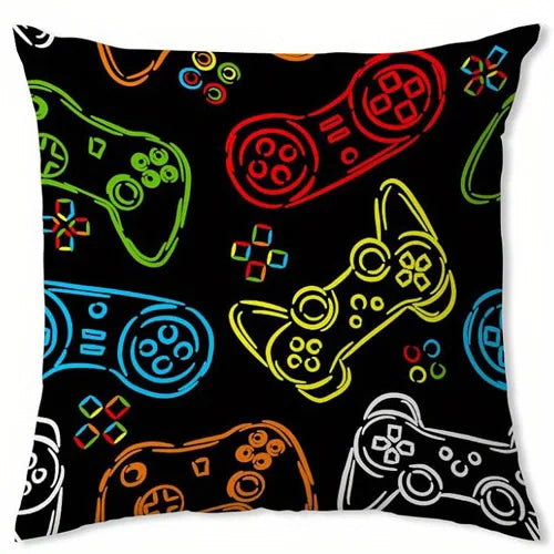 A decorative pillow cover featuring a colorful design of game controllers on a black background.