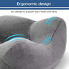 Close-up of a gray inflatable travel pillow with a soft velvet cover showing an ergonomic arc design for head and neck suppor