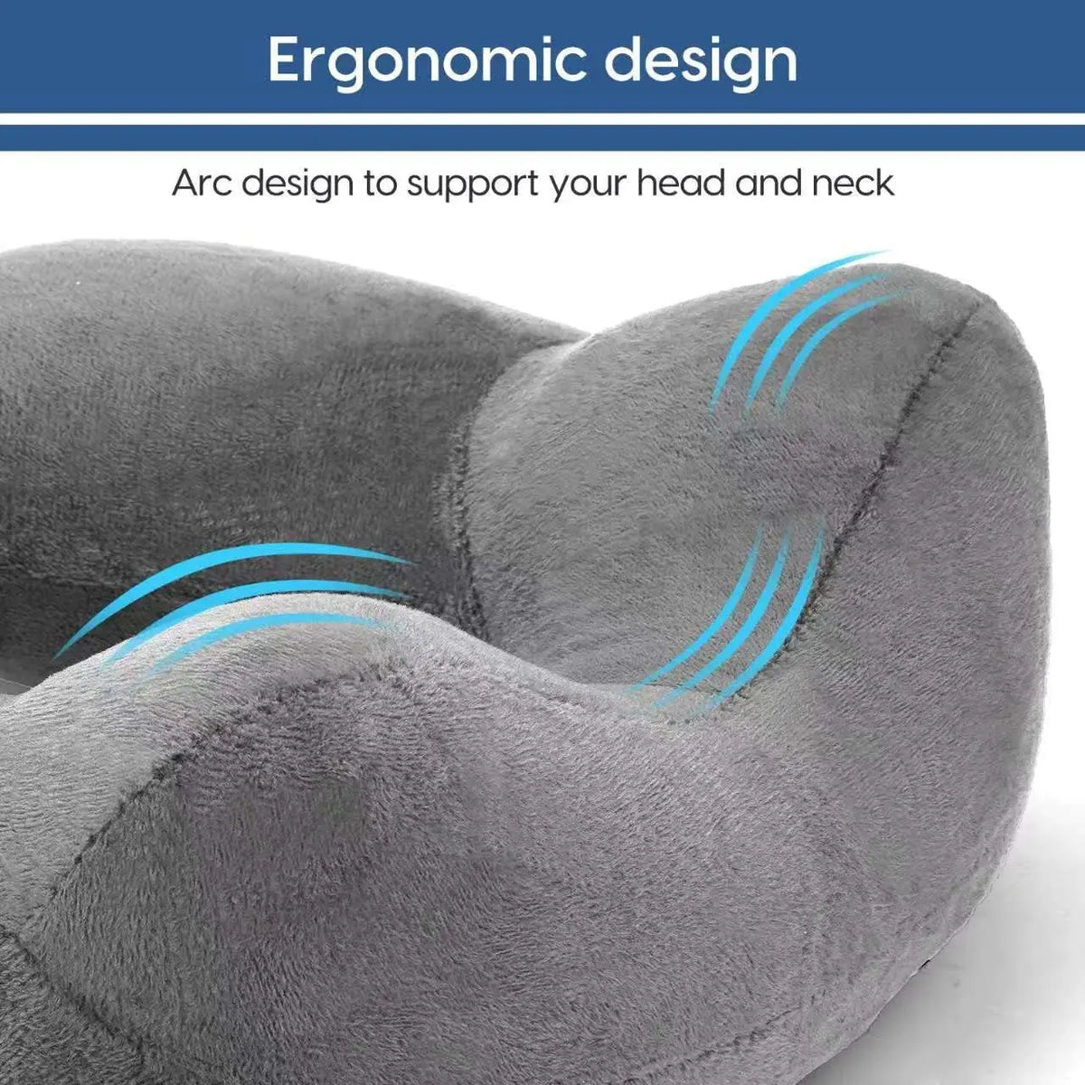 Close-up of a gray inflatable travel pillow with a soft velvet cover showing an ergonomic arc design for head and neck suppor