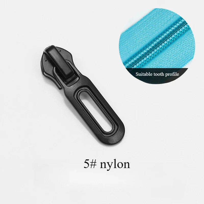 A black nylon zipper slider is shown next to a blue tooth profile guide.
