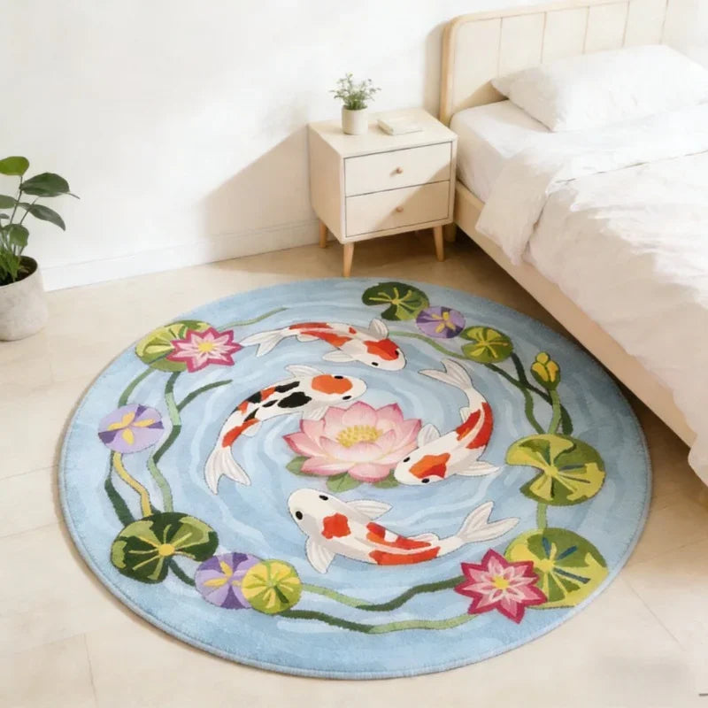 Round rug featuring a colorful pattern of koi fish and flowers on a light blue background.