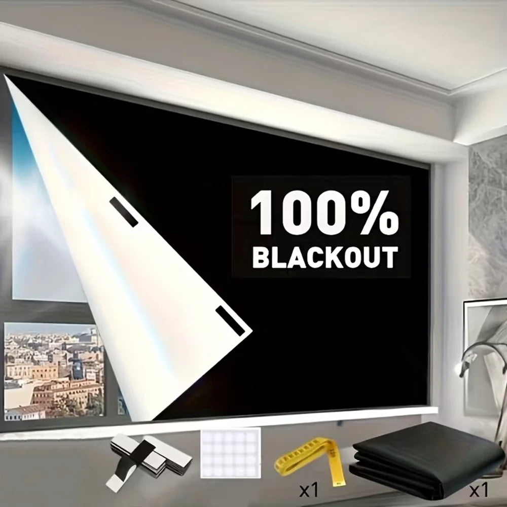 A large flat-screen TV is shown with a 100% blackout screen feature, demonstrating its light blocking capability.
