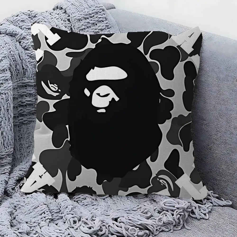 A decorative pillow cover featuring a black and white camouflage print of a lion's head.