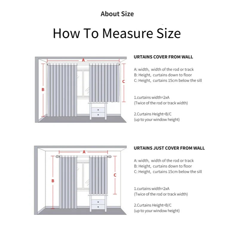 Diagrams showing how to measure size for curtains covering from the wall and just covering from the wall.