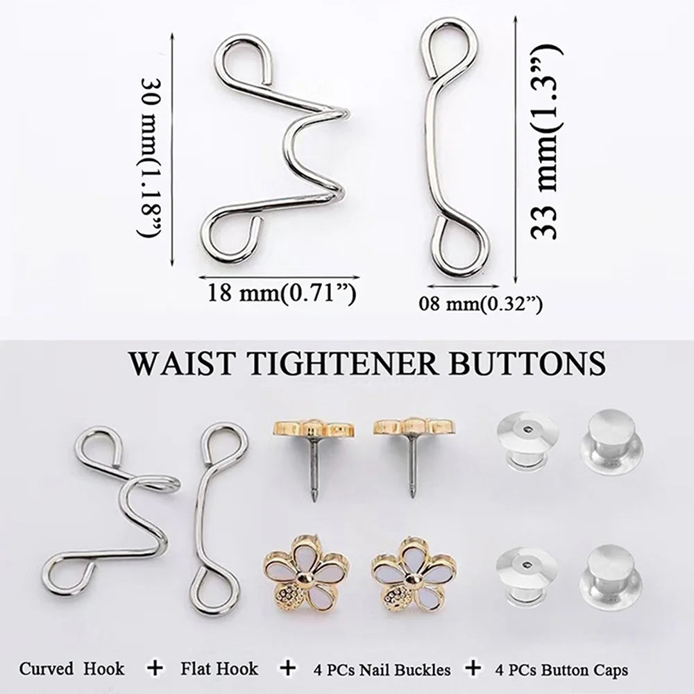 Waist Tightener Buttons including curved and flat hooks and button caps for clothing