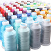Bulk roll of light blue polyester embroidery thread in various shades and colors