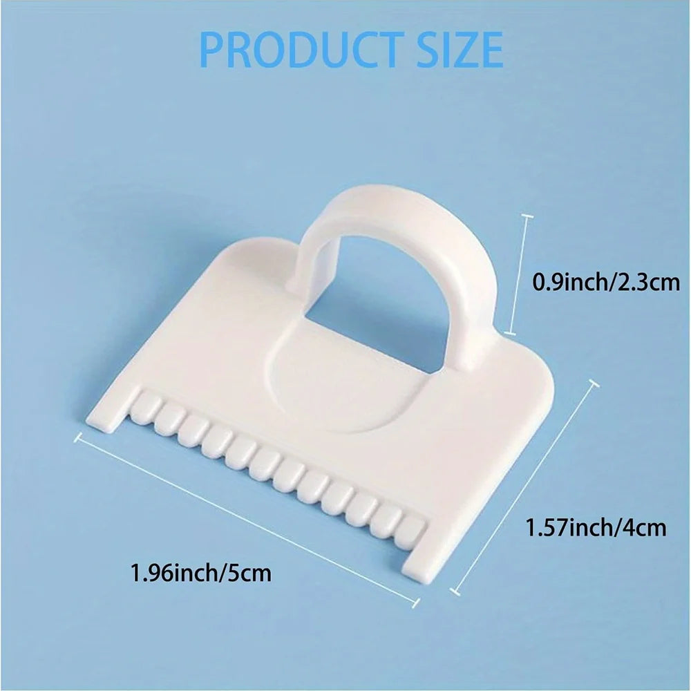 A white precision sewing guide template with a curved handle and teeth, shown against a light blue background.