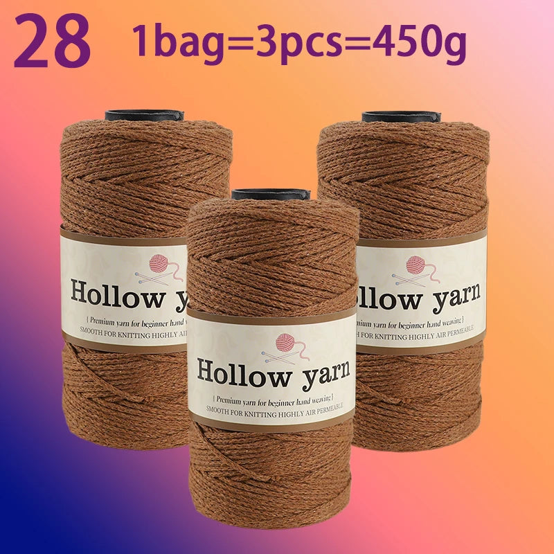 Three spools of Hollow yarn, each containing 28 skeins, totaling 450g for knitting and crochet.