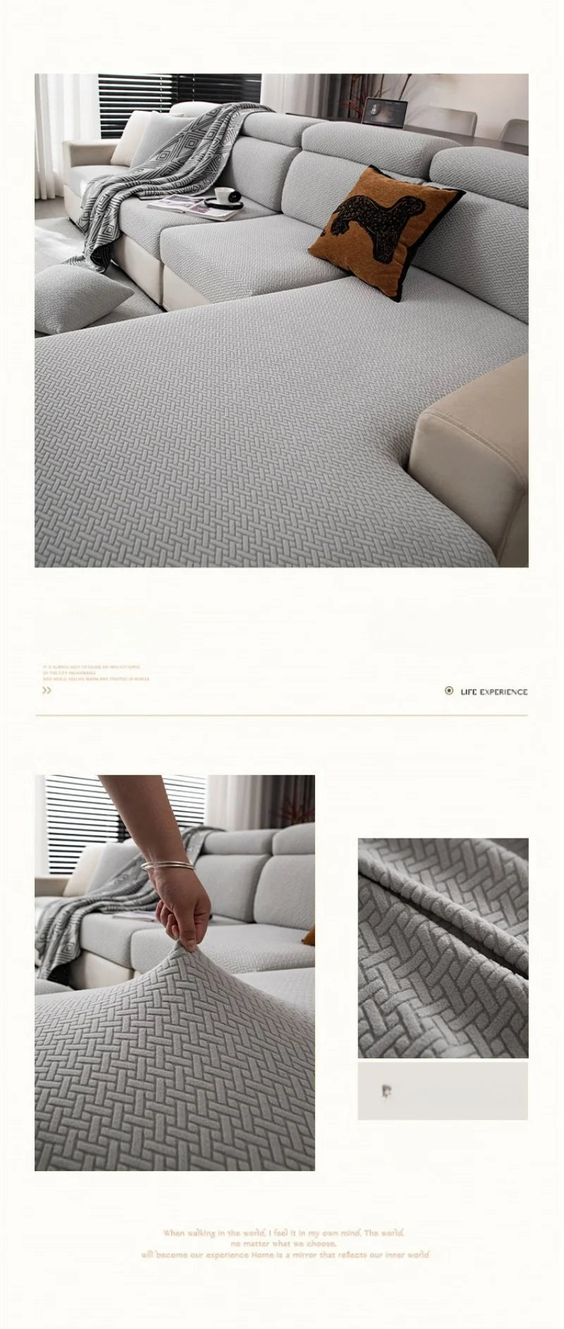 A light gray stretchy polar fleece sofa cover draped over a modern sectional sofa.