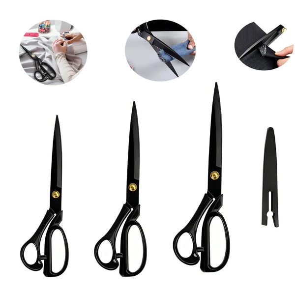 A set of professional heavy duty fabric scissors shown in various angles and contexts for sewing and tailoring.