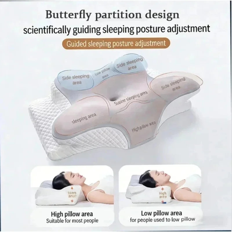Butterfly partition design sleeping pillow with side and supine sleeping areas for guided posture adjustment