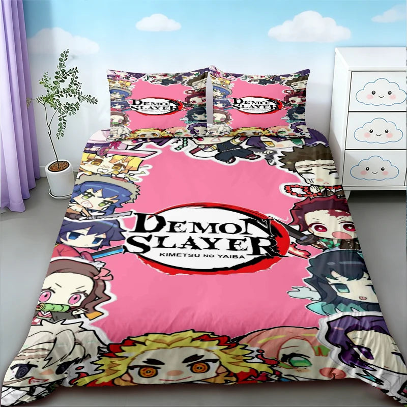 Pink Demon Slayer anime duvet cover set featuring characters and themes